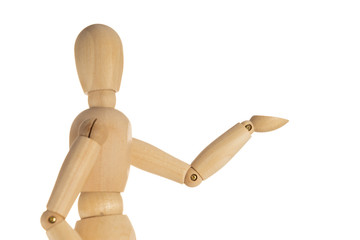 Business and Design Concept - Wooden Mannequin with Welcome Gesture Isolated on White Background