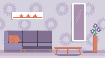 Interior of the living room in pastel . Design of a cozy room with sofa, coffee table and decor accessories