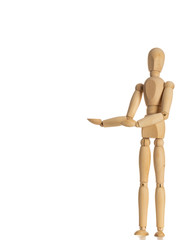 Business and Design Concept - Wooden Mannequin with Welcome Gesture Isolated on White Background