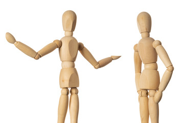 Two Wooden Dolls Figure Joyfully Talking Old Friends Meeting Concept on White Background