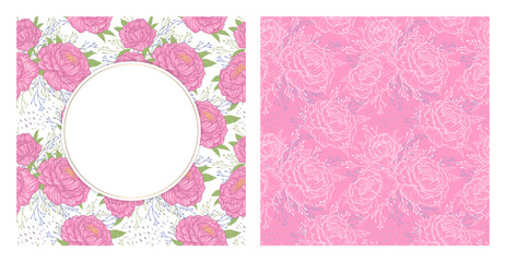 Invitation card template. Vector illustration of beautiful spring peonies on white background with circle golden frame.  © Sergj
