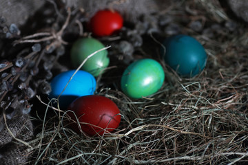 Easter painted eggs on burlap