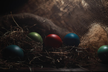 Easter painted eggs on burlap