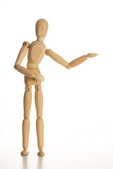 Business and Design Concept - Wooden Mannequin with Welcome Gesture Isolated on White Background