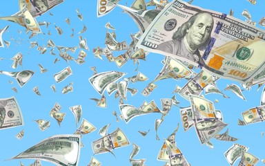 Flying dollars banknotes isolated on a blue background. Money is flying in the air. 100 US banknotes new sample. 3D illustration