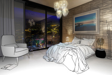 Luxury Penthouse Bedroom in Lisbon (drawing) - 3d visualization