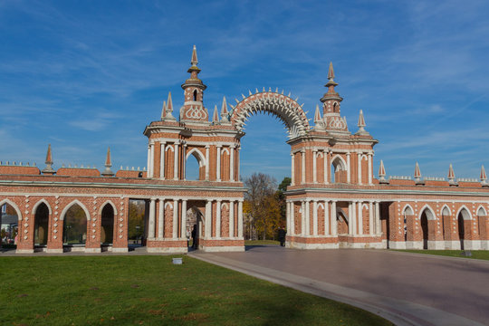 Moscow, Russia - October 16, 2018: Arch of Tsaritsyno palace in Moscow, Russia.