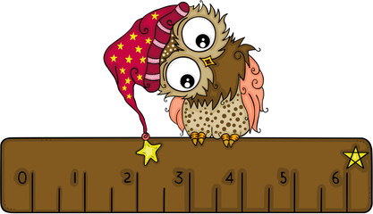 Cute owl with winter hat on brown ruler