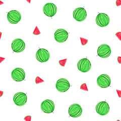 Seamless pattern of watermelon and piecies of watermelon on white background. Watercolor pattern for printing on paper, textile, fabric.