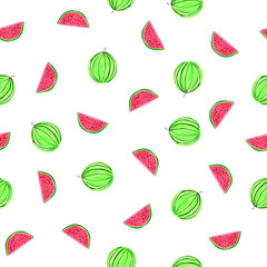 Seamless pattern of watermelon and piecies of watermelon on white background. Watercolor pattern for printing on paper, textile, fabric.