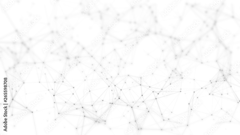 Poster 3D Rendering of Abstract polygonal space low poly network nodes with connected dots and lines on half tone white background. Concept for digital technology, 5G telecom, big data, ai, block chain