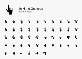 46 Hand Gestures and Finger Actions Pixel Perfect Icons (Filled Style). Vector icons of hand and finger pointing, pressing, sliding, and holding when using touchscreen on smartphone or tablet device.