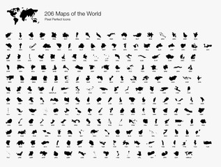 All 206 Complete Countries Map of the World Pixel Perfect Icons (Filled Style). Every single country map are listed and isolated with wordings and titles. A complete maps of the world outline.