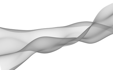 Abstract gray wave. Raster air background. Bright gray ribbon on white background. Gray scarf. Abstract gray smoke. 3D illustration