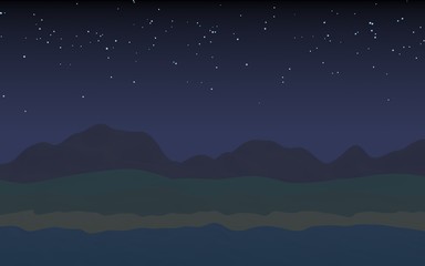 Starry moonless sky. Ocean shore line with waves on a beach. Island beach paradise with waves. Vacation, summer, relaxation. Seascape, seashore. Minimalist landscape, primitivism. 3D illustration