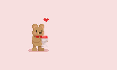 Pixel bear with flower bouquet.Valentine's day.8bit.