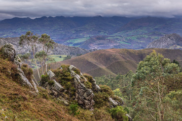 Aerial view from Fito viewpoint in Sierra del Sueve mountains, part of Cantabrian Mountains in Spain