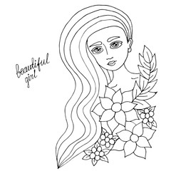 Portrait young beautiful girl with the long hair and flower coloring page