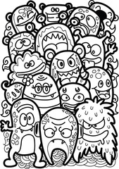 Vector illustration cute doodle monsters hand drawing stylus art coloring book. 