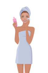 Skin care woman template in bath towel. Vector illustration of female applying cosmetic products on her face. Isolated on white.