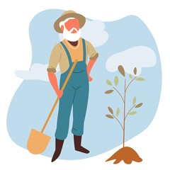 Elderly man with spade and tree sprout gardening work