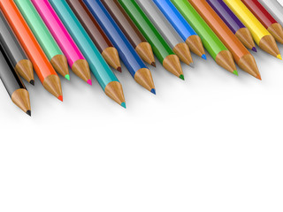 Collection of coloured pencils, crayons and drawing colour pencils on isolated white background, 3d illustration