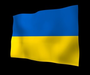 The flag of Ukraine on a dark background. National flag and state ensign. Blue and yellow bicolour. 3D illustration waving flag