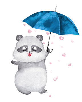 Panda with umbrella under the rain of heart drops. Watercolor illustration