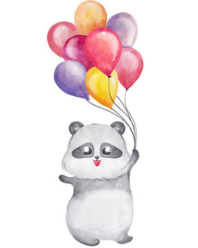 Panda bear holding balloons. Watercolor illustration