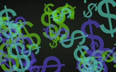 Multicolored translucent dollar signs on dark background. Green tones. 3D illustration