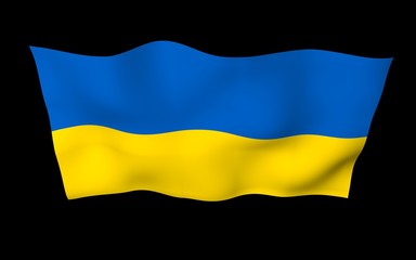 The flag of Ukraine on a dark background. National flag and state ensign. Blue and yellow bicolour. 3D illustration waving flag