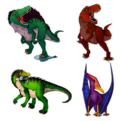 Set of dinosaurs. Isolated vector illustration. Spinosaurus; tyrannosaur; baryonics; pteranodon
