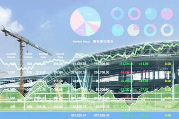 Stock financial index data presentation report background of silhouette tower crane working on construction site for successful business investment.