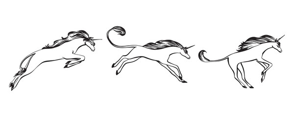 Hand drawn running unicorn set outline sketch. Vector magic black ink drawing isolated on white background. Graphic illustration
