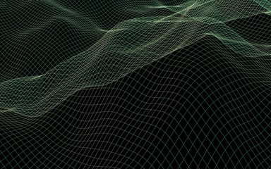 Abstract landscape background. Cyberspace green grid. hi tech network. 3D illustration