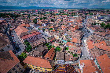 Old Town of Sibiu city seen from cathedral bell tower, Romania