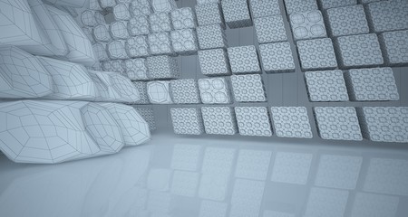 Abstract drawing white parametric interior multilevel public space with window. 3D illustration and rendering.