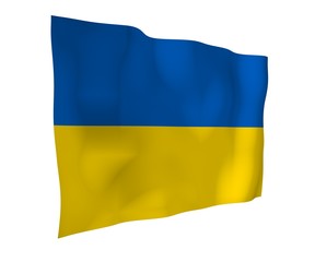 Obraz premium The flag of Ukraine on a white background. National flag and state ensign. Blue and yellow bicolour. 3D illustration waving flag