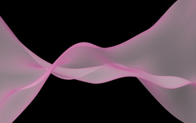 Abstract pink wave. Bright pink ribbon on black background. Pink scarf. Abstract smoke. Raster air background. 3D illustration