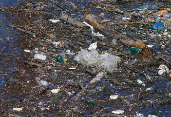 Obraz premium Polluted river with plastic bottle and many garbage