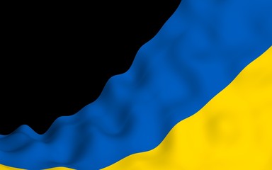 The flag of Ukraine on a dark background. National flag and state ensign. Blue and yellow bicolour. 3D illustration waving flag