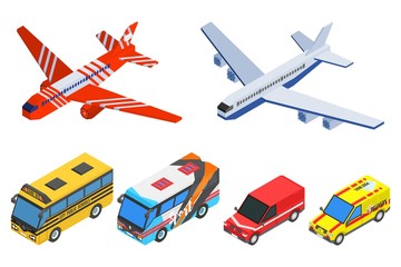 selection of passenger transport isometric buses planes