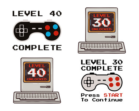 Happy 40th and 30th birthday graphic tee design set for T-Shirts, posters, prints. Retro video gamers controller and quote - level 40 unlocked. Funny illustration for birthday decor. Stock vector