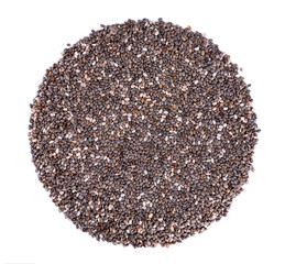 Circle of chia seeds, isolated on white background. Healthy superfood. Closeup macro of small organic chia seeds. Top view.