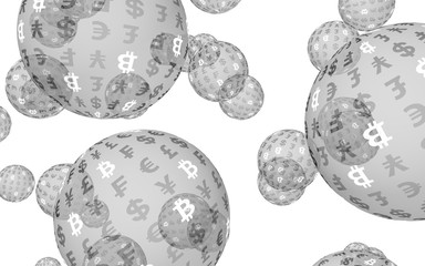 Bitcoin economic financial bubble. crypto currency 3D illustration. Business concept. Silver bubbles on white background. Bit, Coin, mining concept