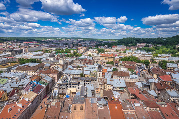 Naklejka na ściany i meble Old Town of Lviv, Ukraine - view from Town Hall tower