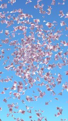 Flying euro banknotes against the sky background. Money is flying in the air. 500 EURO in color. 3D illustration