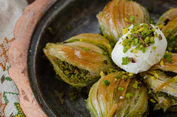 Mussel shaped special Turkish baklava with pistachio