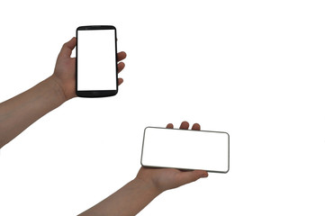 children's hand hold cell phone isolated on white background