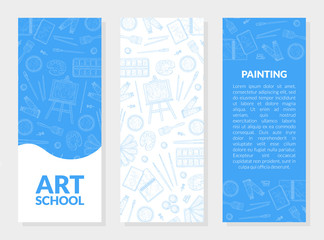 Art School Banner Templates Set with Place for Text and Artistic Materials Hand Drawn Seamless Pattern Vector Illustration